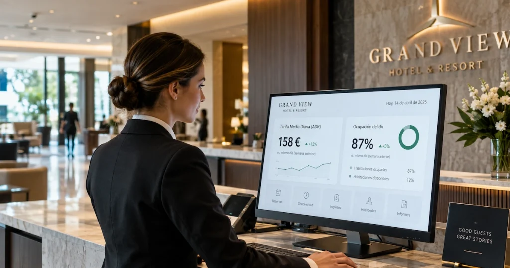 Recepcionista de hotel revisando en pantalla la tarifa media diaria y la ocupación del día