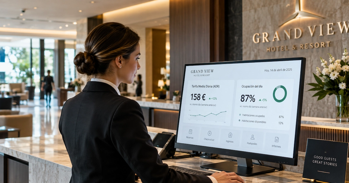 Recepcionista de hotel revisando en pantalla la tarifa media diaria y la ocupación del día