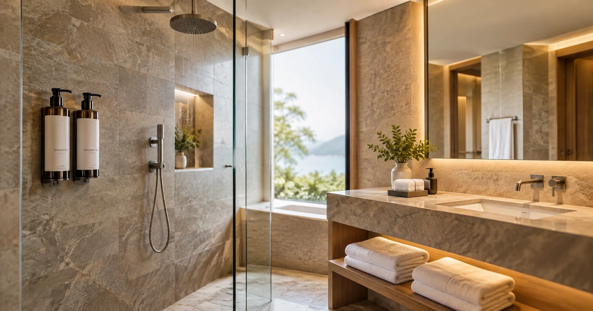 Baño de hotel ecológico con dispensadores rellenables de champú y gel en la ducha, toallas blancas y vistas al mar